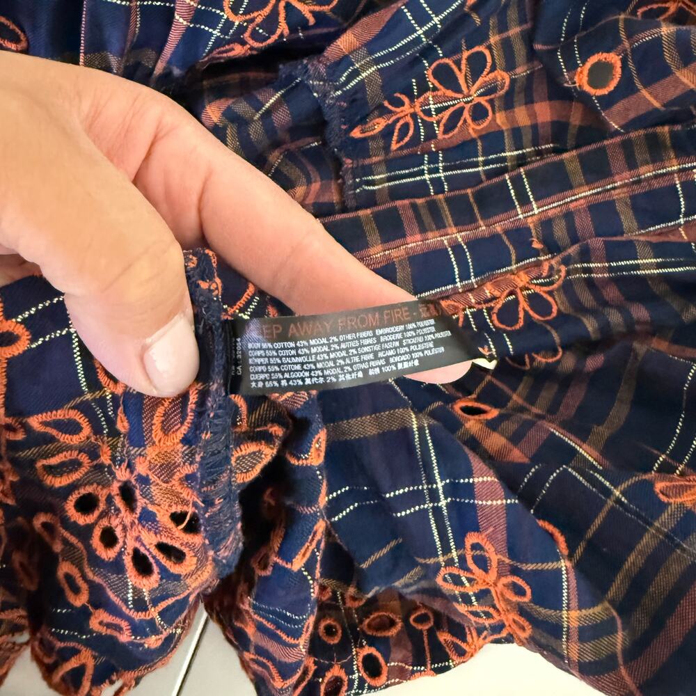 Anthropologie Midi Eyelet Plaid Plaid Navy Blue Orange Dress - 2XS XXS - Picture 8 of 10